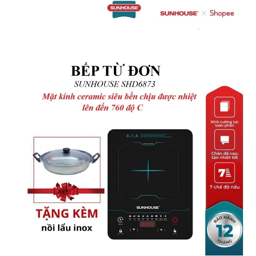 BẾP TỪ ĐƠN SUNHOUSE SHD6873_Tặng Kèm Nồi Lẩu Inox