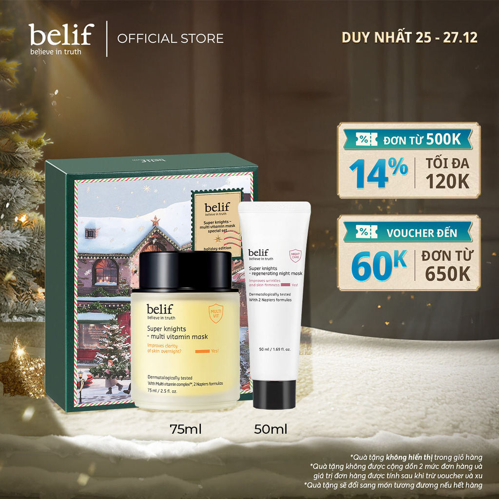Set độc quyền 2025 Mặt nạ ngủ phục hồi belif Multi Vitamin Mask 75ml và Mặt nạ ngủ tái sinh belif Regenerating Mask 50ml