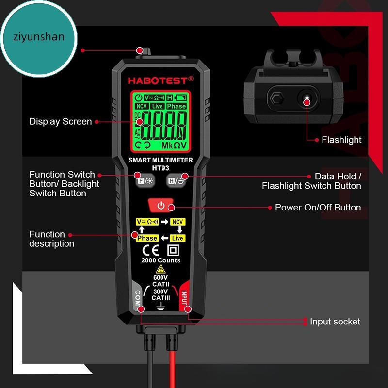 Ziyunshan 1 Cái AC / DC Điện Trở Điện Áp Đo Liên Tục HT93 Đồng Hồ Vạn Năng Kỹ Thuật Số Thông Minh NC