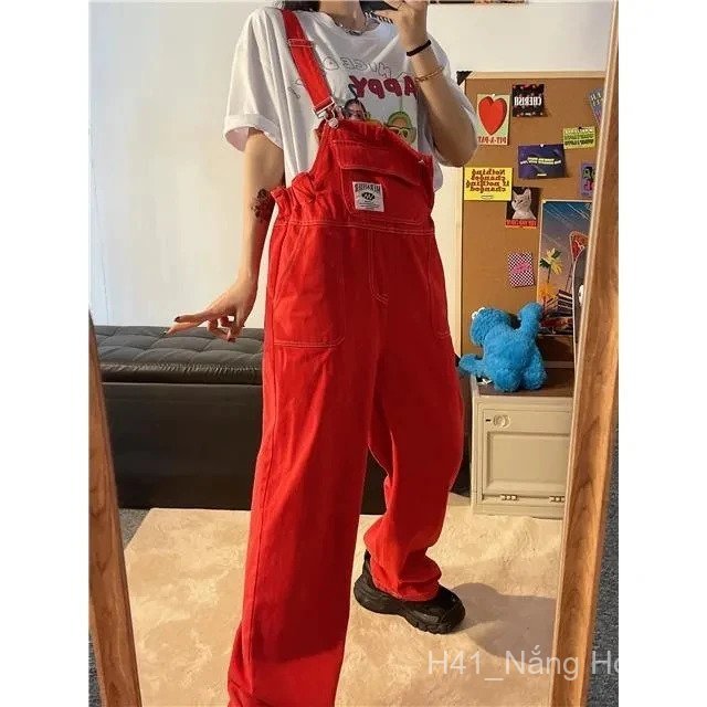 Quần yếm denim đỏ retro Mỹ cho nữ mùa hè mới, quần dài ống rộng thẳng, xu hướng Ins