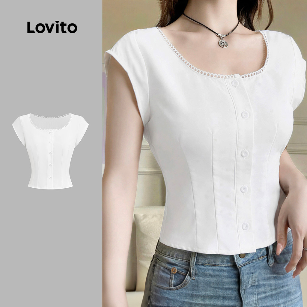 Lovito Áo sơ mi trắng nữ cài nút xếp nếp ở cổ L171AD057