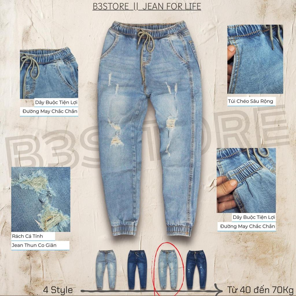 B3STORE Quần Jogger Jean Nam Lưng Thun Bo Lai Thể Thao Chất Liệu Jean Cotton Thoáng Co Giãn Nhẹ Form