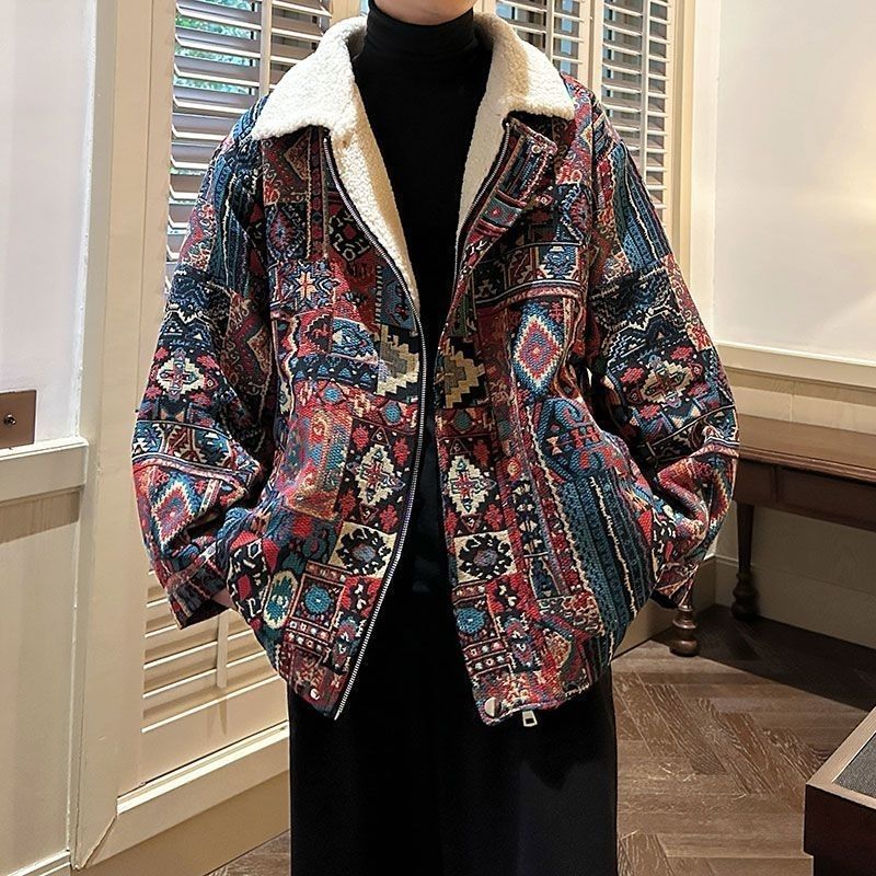 Áo Khoác Cừu Len Bohemian Retro Nam, Mix Len & Cotton, Phong Cách Bohemian Hợp Thời Trang