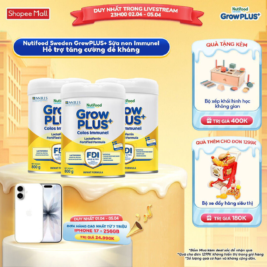 Combo 3 Sữa Bột Nutifood Sweden GrowPLUS+ Sữa Non Immunel lon 800 g (Bao bì tuỳ lô hàng)