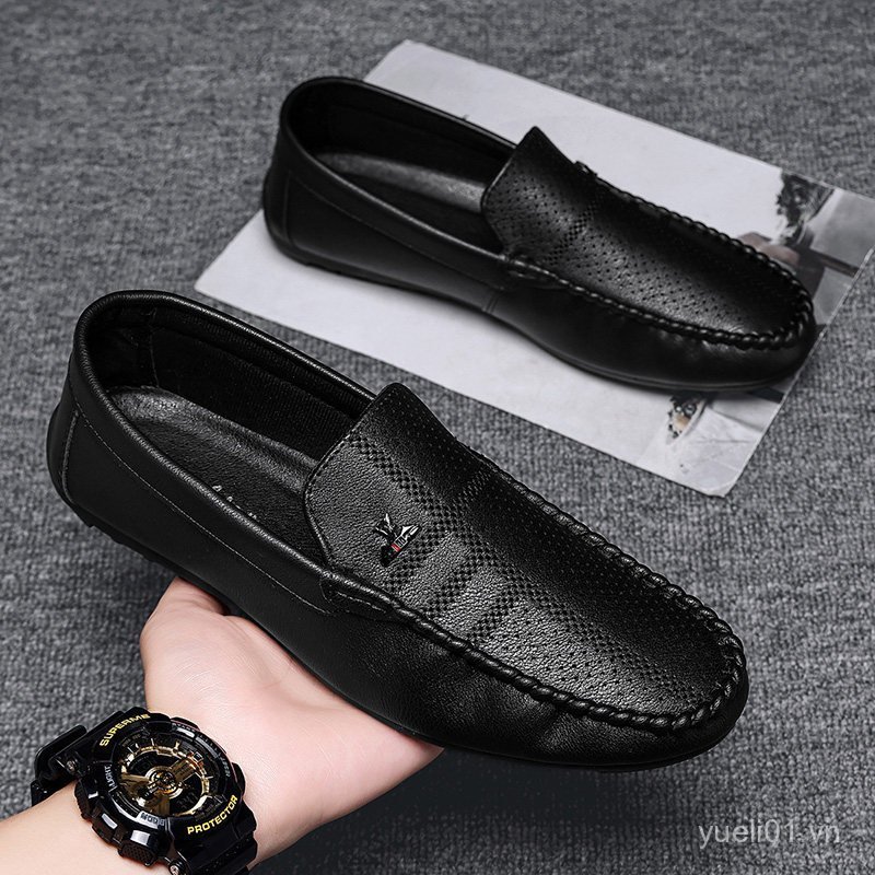 Loafers Nam Thoáng Khí Phong Cách Anh Công Sở Giày Da Nam Slip-On Đế Mềm Đậu Đen Hợp Thời Trang Giày