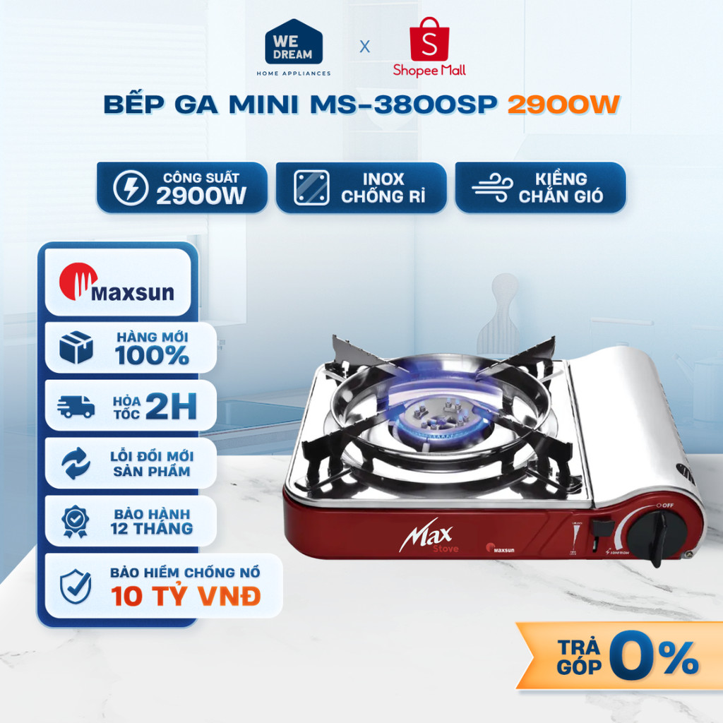 MS-3800SP - Bếp Gas Mini Maxsun MS-3800SP 2900W Inox Chống Rỉ Màu Đỏ - Hàng Chính Hãng, Mới 100%