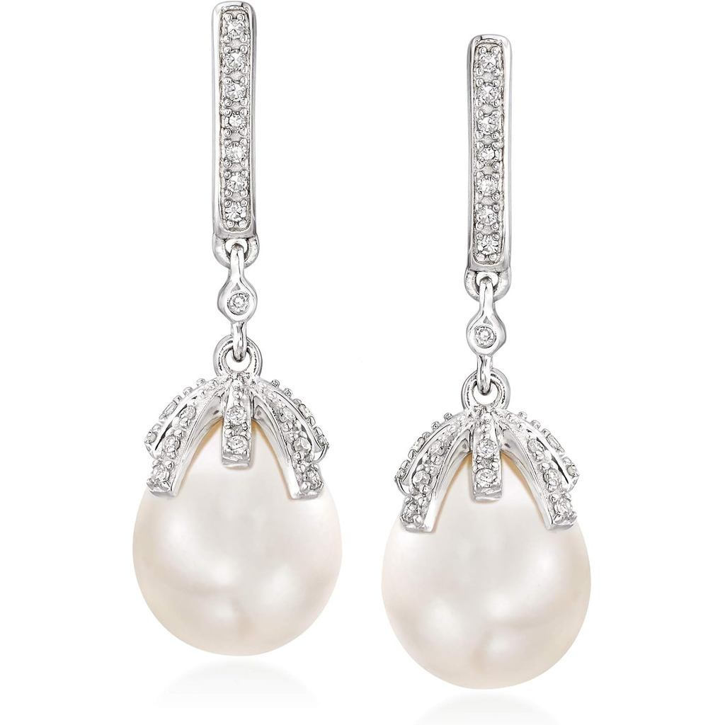 Ngọc trai 9-9,5mm và kim cương 0,12 carat tổng cộng, bông tai thả bạc