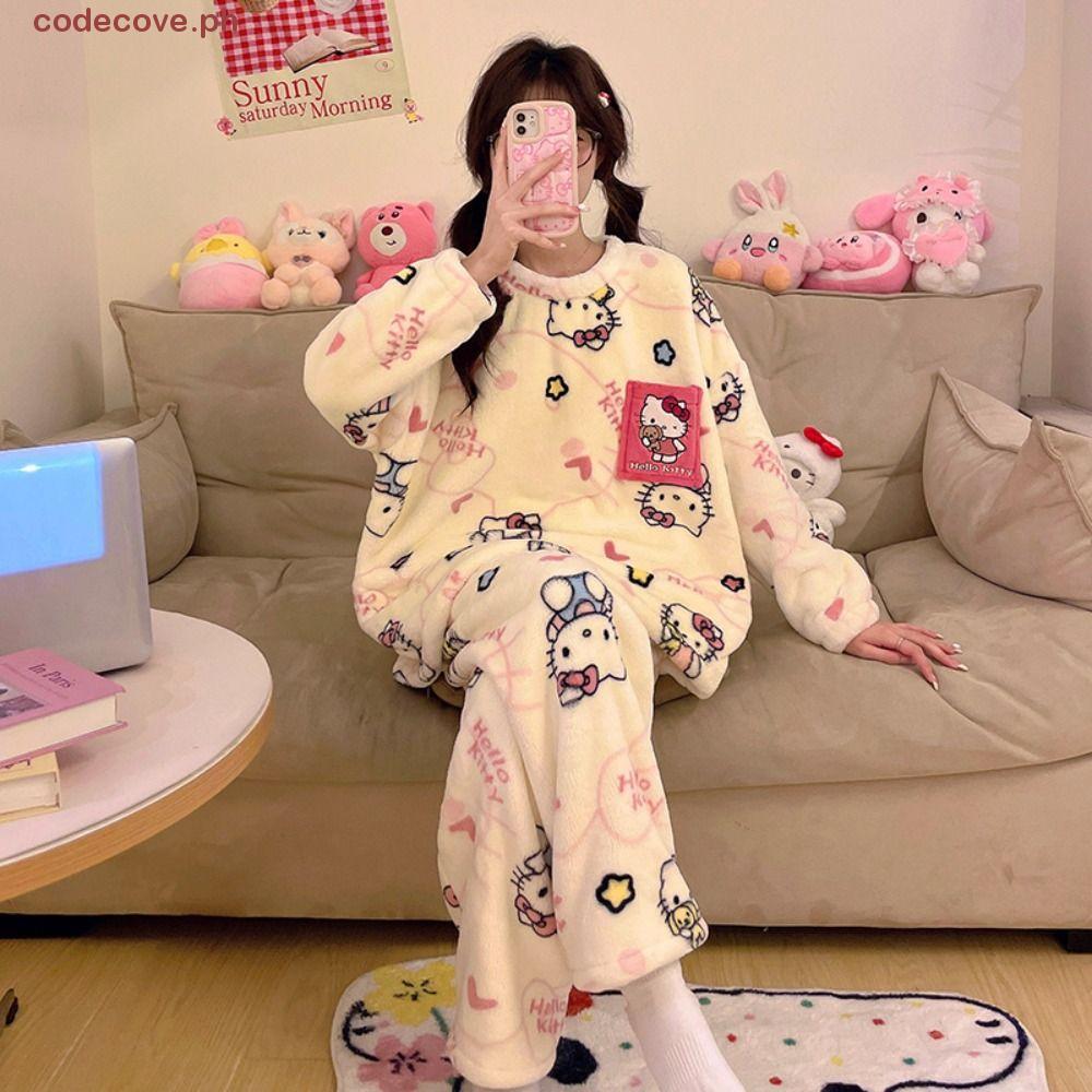 CODECOVE​ Bộ đồ ngủ nữ, Kitty Cat Bear Rabbit Coral Fleece Sleepwear, Kawaii Rainbow Letter Plush Wa