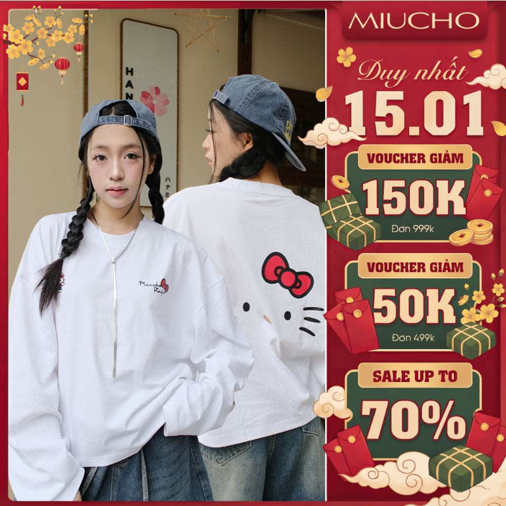  Áo thun boxy tay dài Miucho chất vải thoáng mát cổ tròn đứng form BST hình free style in mix sắc nét 