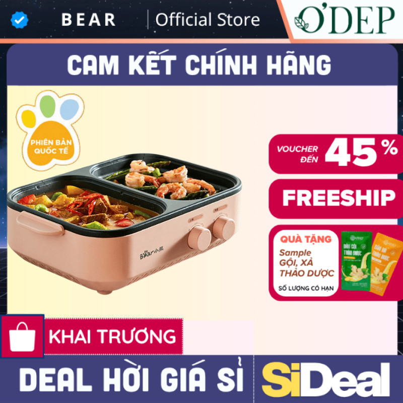 Bếp Lẩu Nướng Điện 2 Ngăn Đa Năng Mini 2 trong 1 Bear DKL-C12D1 - Hàng chính hãng - SIDEAL SIL
