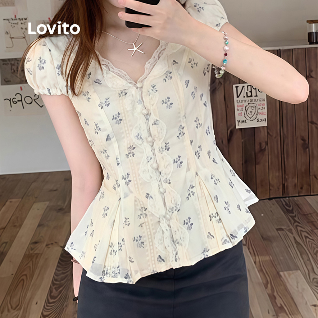 Lovito Phong cách thường ngày Áo sơ mi ren dễ thương có nút phía trước phù hợp cho mùa xuân/hè dành cho phụ nữ L154ED1015 | BigBuy360 - bigbuy360.vn