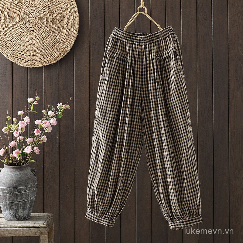 2026Spring retro ethnic style modified artistic casual plaid loose high-waisted harem pants for wome