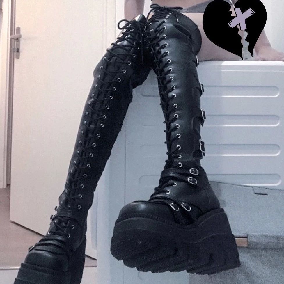 Dark Over-the-Knee Văn Hóa Châu Á Hiệp Sĩ Boots Gothic Wedge Platform Giày P