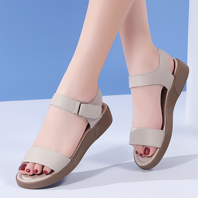 Giày Sandal Mẹ Đế Phẳng Mùa Hè Giày Sandal Nữ Giày Sandal Nữ Mũi Mở Giày Da Trung Niên
