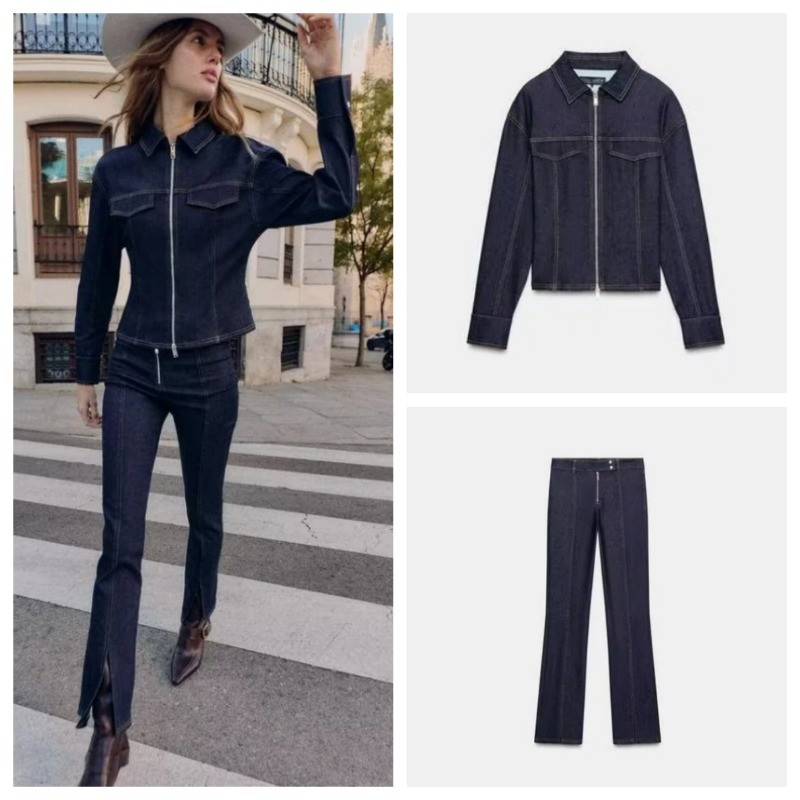 Áo khoác denim mỏng tay dài và quần jean lưng cao