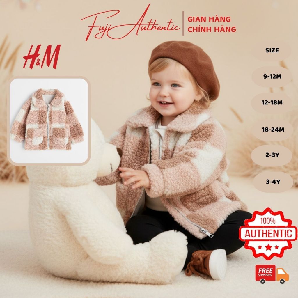 (7-18kg) Áo khoác bé gái HM AUTH áo ấm mùa đông lông cừu kẻ nâu cho bé 6 tháng đến 4 tuổi