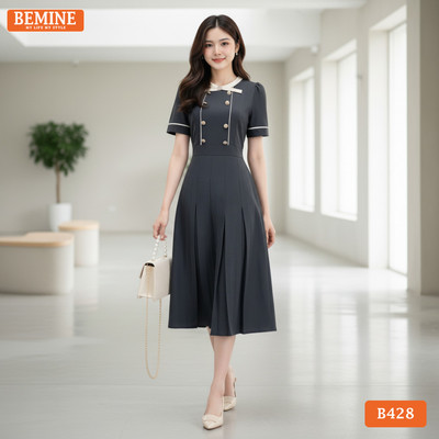 Đầm thiết kế BEMINE cổ tròn phối nơ đính cúc dáng chữ A phù hợp đi làm-B428