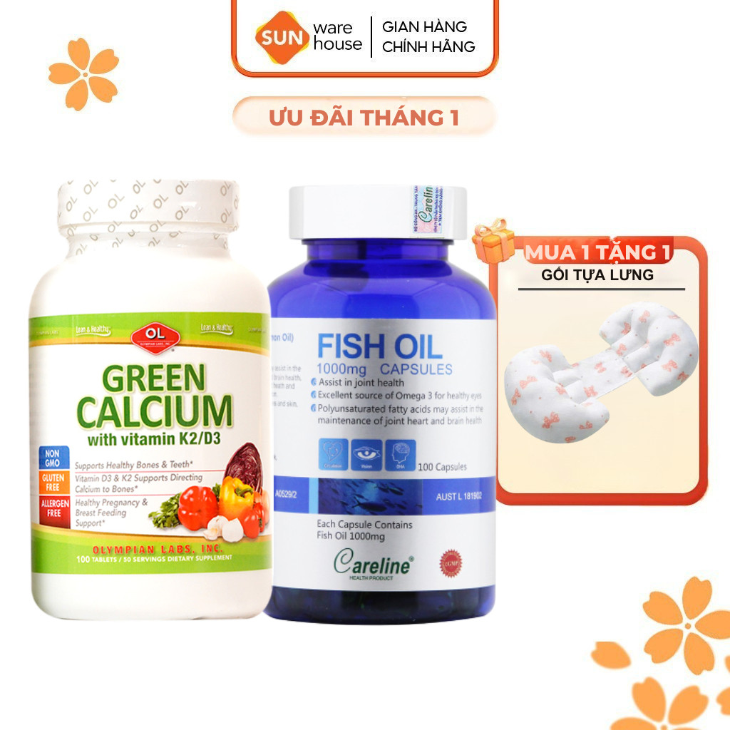 Combo Vitamin Bầu Gồm Canxi Hữu Cơ Olympian Labs Green Calcium Và CareLine Fish Oil Cho Bà Bầu