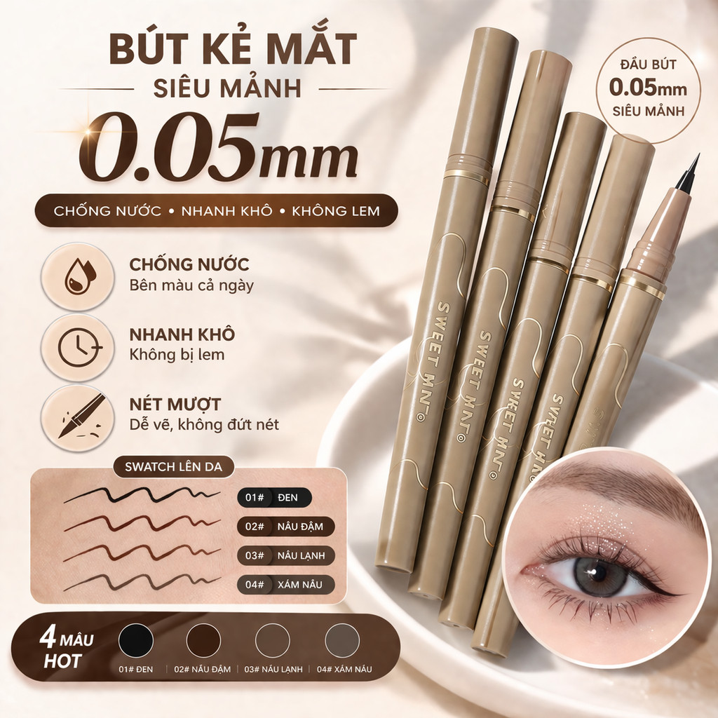Bút Kẻ Mắt Sweet Mint Bút Kẻ Eyeliner 0.01mm Siêu Mảnh Chống Nước Không Lem Lâu Trôi  Bút Kẻ Bọng Mắ