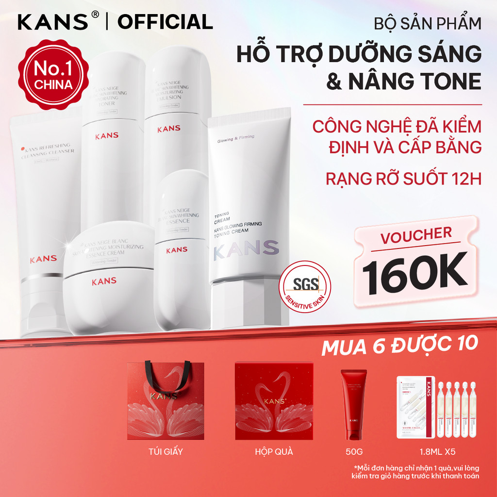 KANS Combo 6 món Dưỡng Trắng Da Toàn Diện Sữa Rửa Mặt - Toner - Lotion - Serum - Kem Dưỡng kèm Kem N