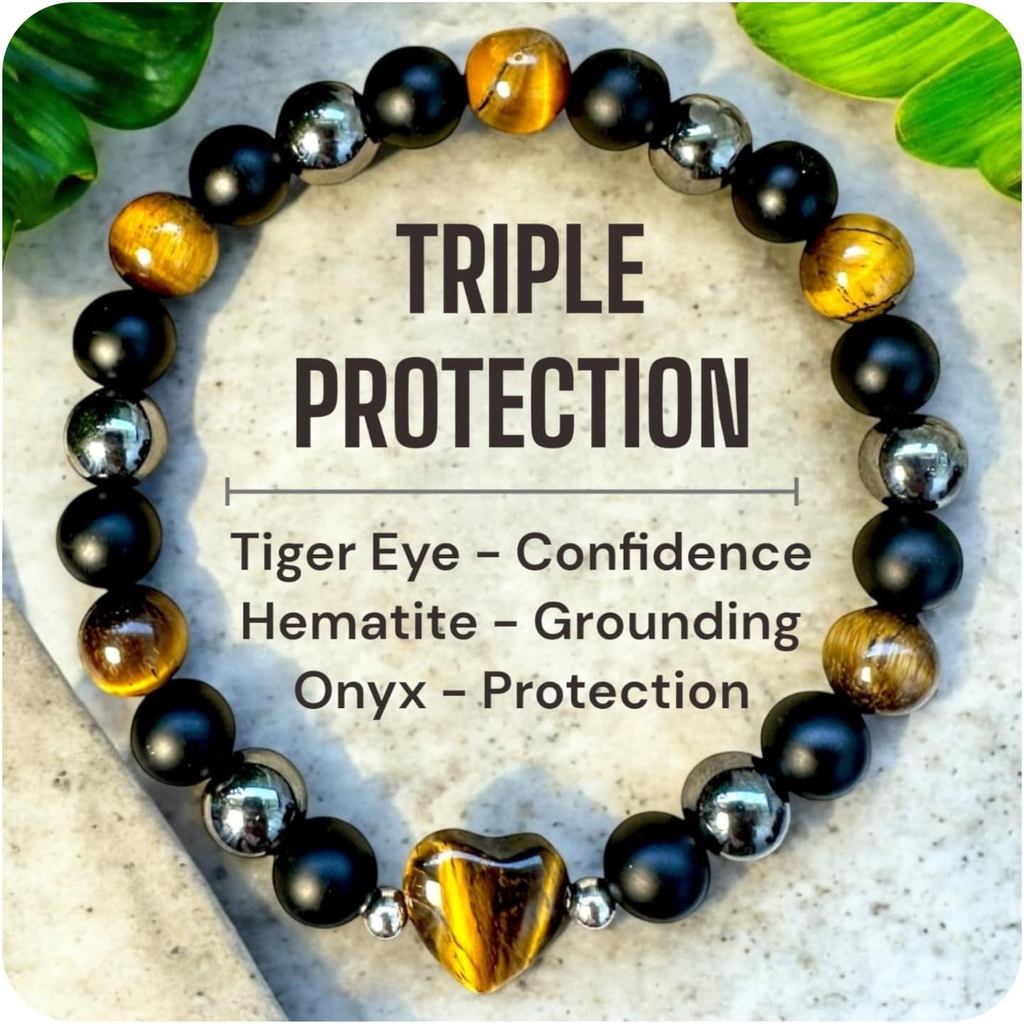 Heart Crystal Bracelet – Tiger Eye or Rose Quartz Center, Natural Gemstone Healing Beads for Women &