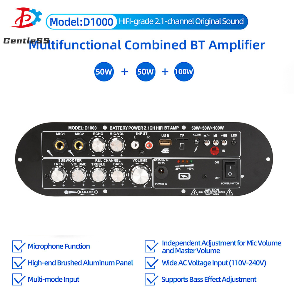 D1000 DC15-18V Loa siêu trầm công suất cao Bảng khuếch đại kỹ thuật số Bluetooth 50W + 50W + 100W 2.