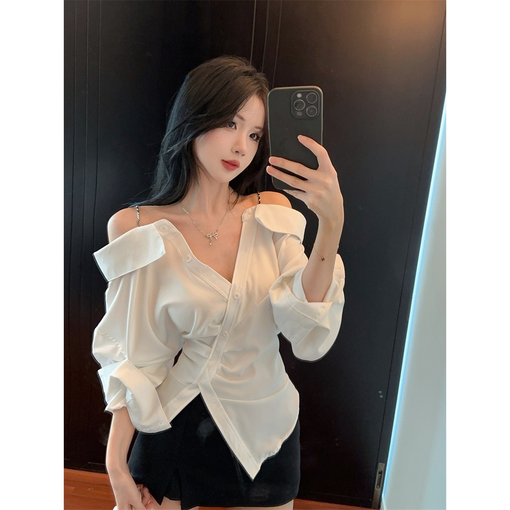 Kii Wii Áo sơ mi dài tay cổ chữ V lệch vai, phù hợp mùa hè 260414 | BigBuy360 - bigbuy360.vn