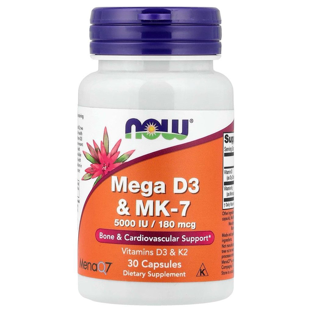 Vitamin D3 K2 MK7 5000IU 180mcg NOW Foods Mega D3 & MK-7 – Hỗ Trợ Xương Khớp, Tim Mạch, Hấp Thu Canx