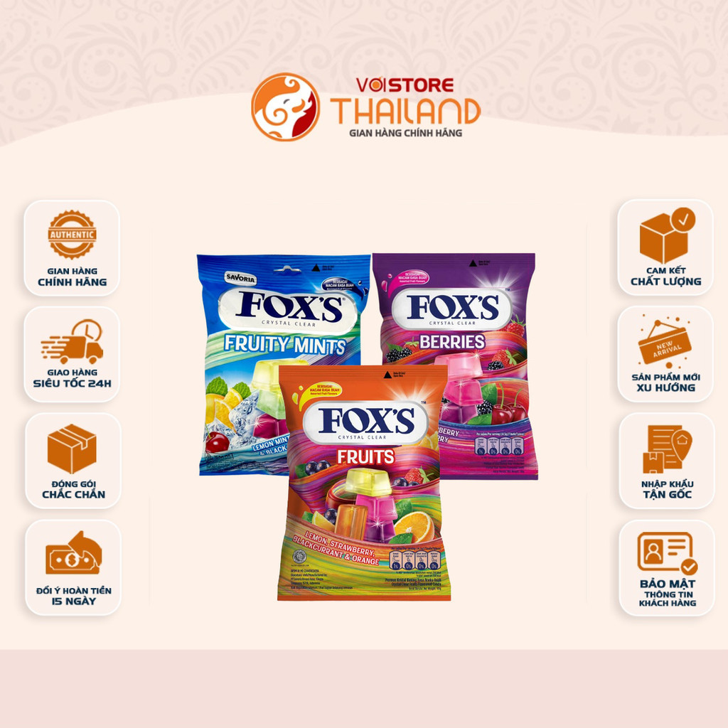 [GÓI 90gr] Kẹo Fox's Crystal Clear 3 Vị Fruity Mints, Berries Candy