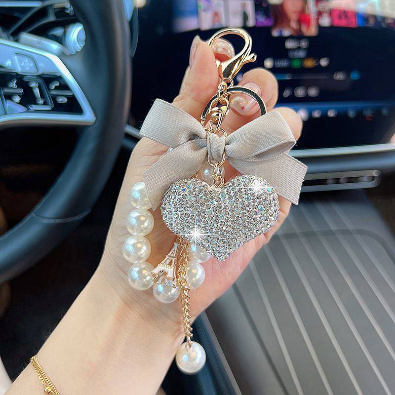 Heart Shape Rhinestone Simple Pearl Keychain Niche Style Fully Jeweled Loving Heart Internet Celebri