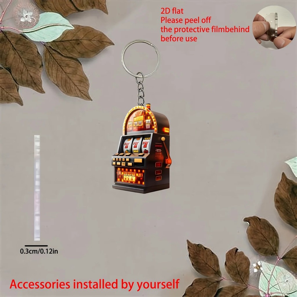 Móc khóa Acrylic 2D hình máy chơi game slot machine 777 vintage - Phụ kiện treo balo, chìa khóa quà 