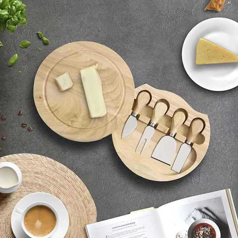 Thớt Oak Phô Mai Pizza Tấm Cắt Xoay Gỗ Chắc Chắn Tròn Phô Mai Phô Mai Bộ Kết Hợp Dao Phô Mai