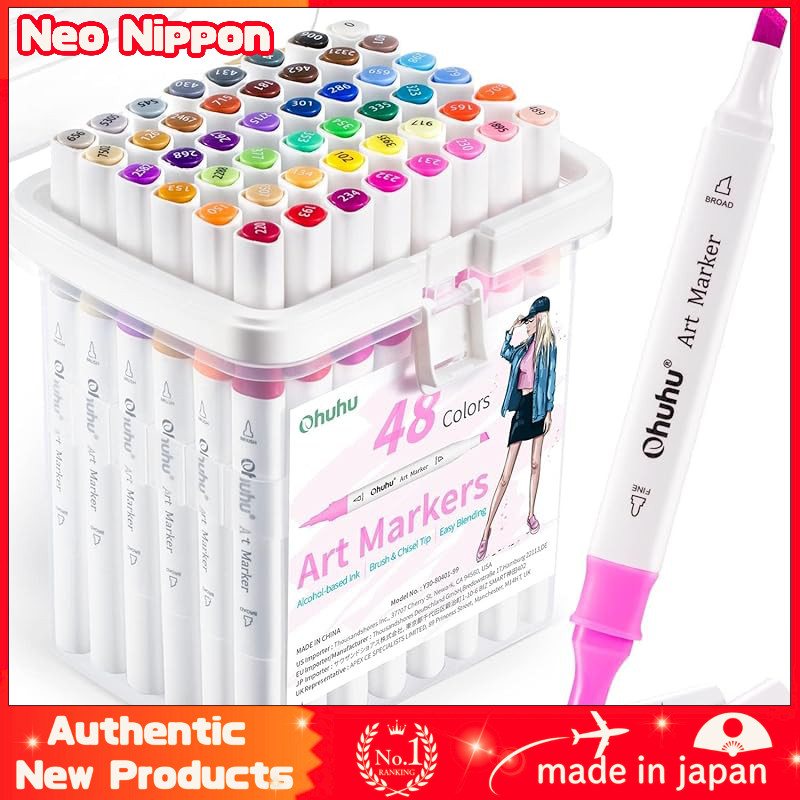 Ohuhu 48-Color Brush Tip Marker Set for Beginners - Includes Blender Pen and Triangular Barrel  Mark