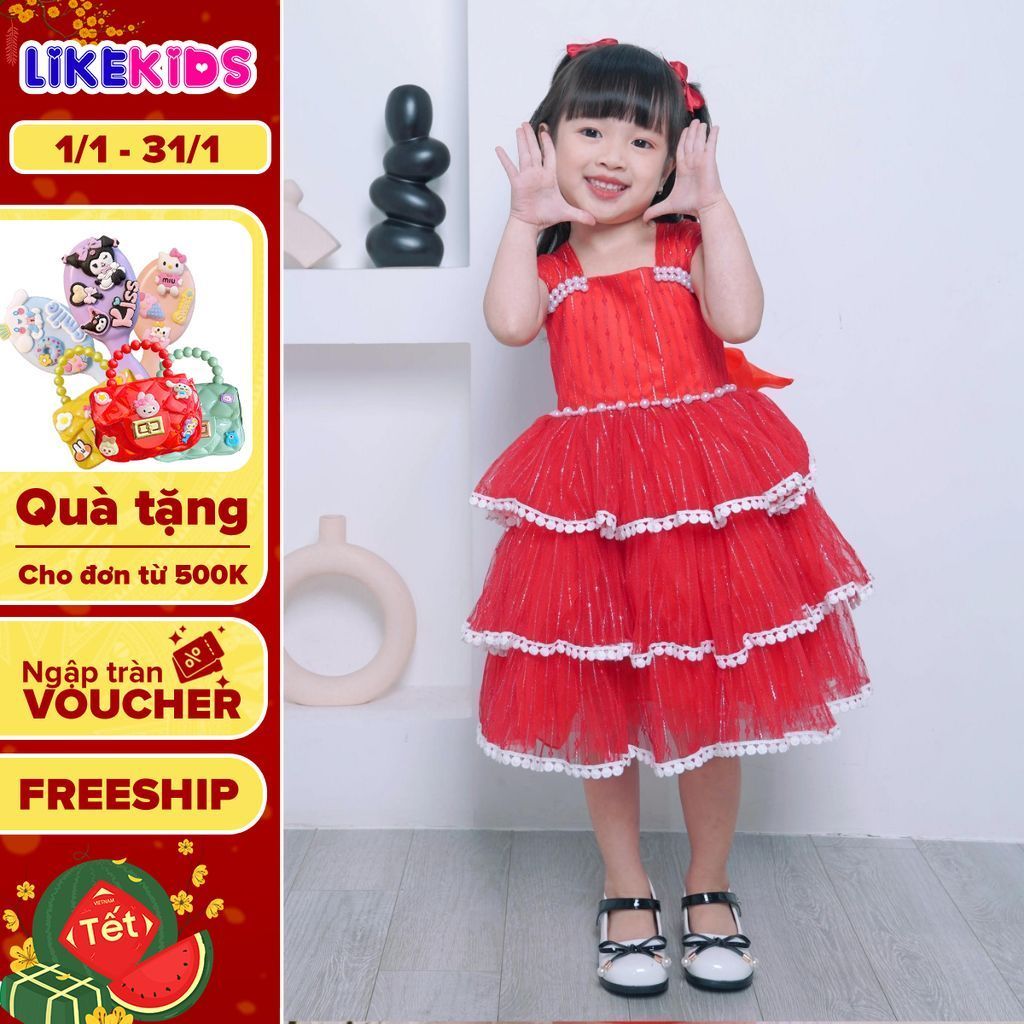 Đầm công chúa, váy bé gái kiểu dáng lưới bi tai thỏ C80 - Likekids