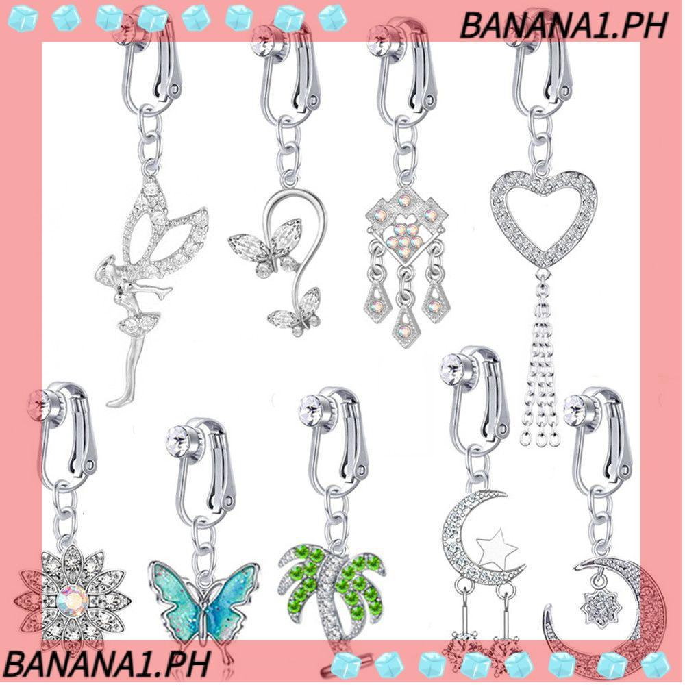 BANANA Bụng Nút Nhẫn Zircon Giả Xuyên Rốn Nhẫn Bông Tai Kẹp Rốn Kẹp Trên