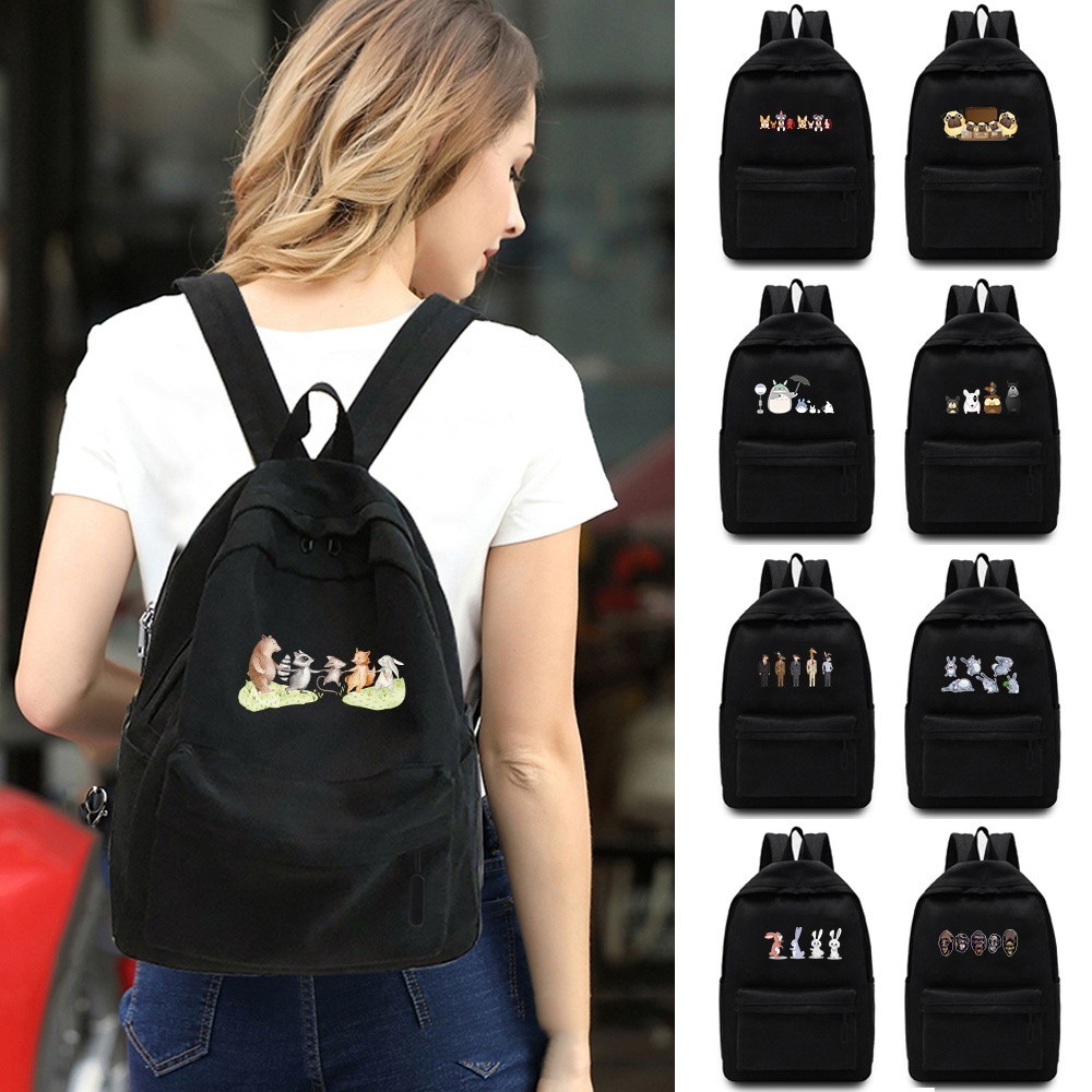 Large Capacity Canvas Black Backpack Cartoon Print  Travel Bag Student School Bag Zipper Backpack Ou