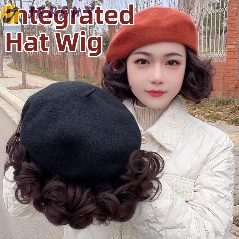 JEROMY Women's Integrated Wig Hat, Fashionable Layered Octagonal Cap Wig, Versatile Realistic Beret 