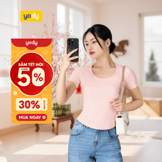  🌸SALE TẾT🌸 Áo thun phông nữ YODY áo thun cổ tròn rộng vải rib gân trẻ trung năng động WCTS25S005 cần ẩn 