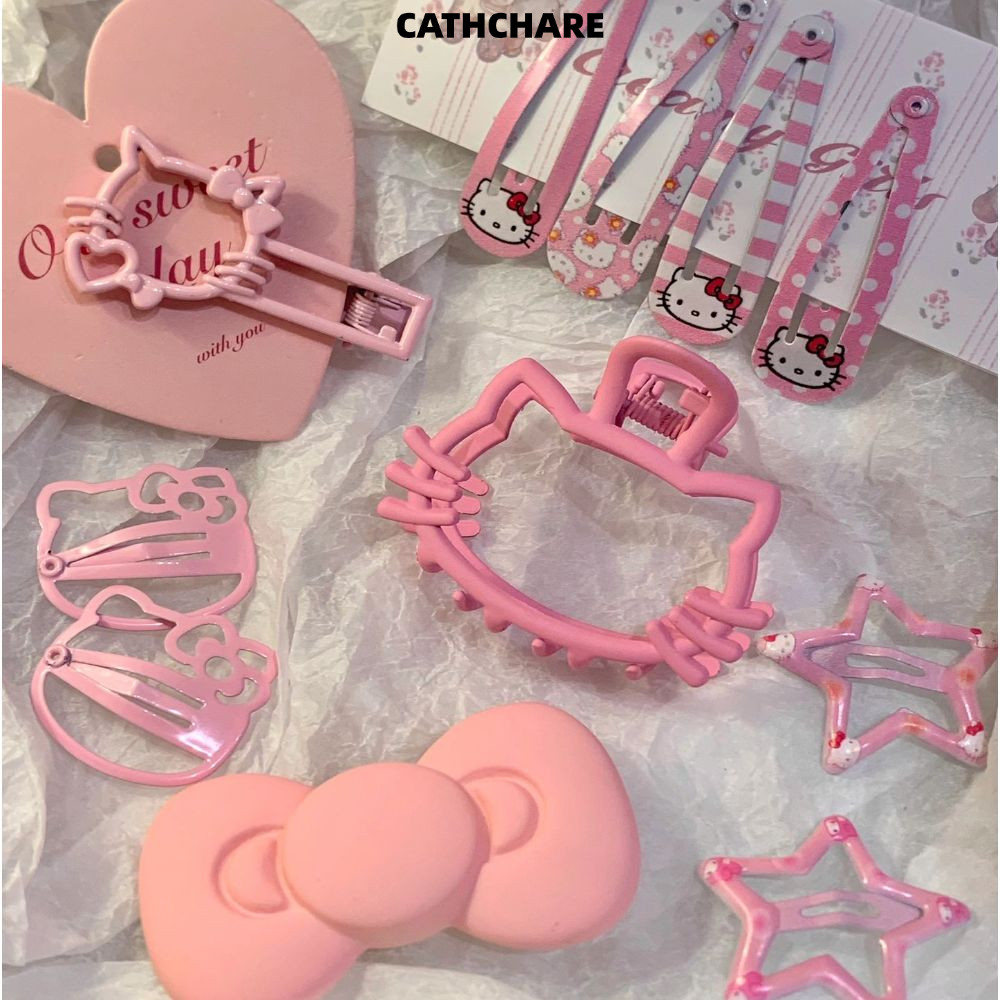 Catchare294 Kawaii Hello Kitty BB Clip, Kim loại màu hồng KT Cat Collection Kẹp tóc, Phụ kiện tóc th