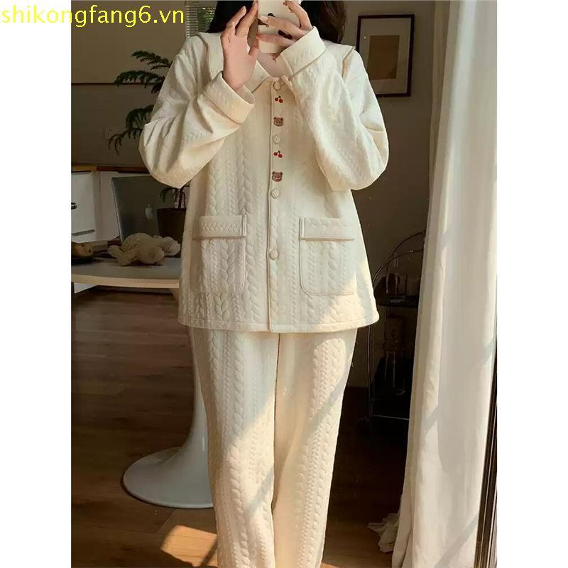 FDS thêu hoa anh đào Gấu bông không khí mùa đông mẫu mới đồ ngủ nữ hoạt hình ngọt ngào đồ mặc nhà Bộ