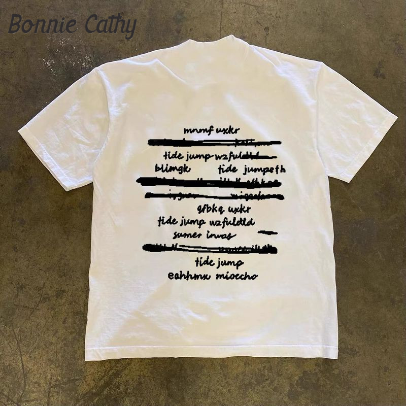 Bonnie Cathy Áo thun cotton in họa tiết phong cách streetwear mùa hè, dáng rộng thoải mái cho nam và