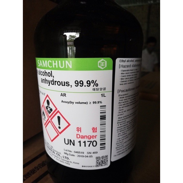 Chất Ethyl alcohol anhydrous 99.9% E1139 Ethanol Samchun Hàn Quốc chai 1 lít C2H5OH HCPTN