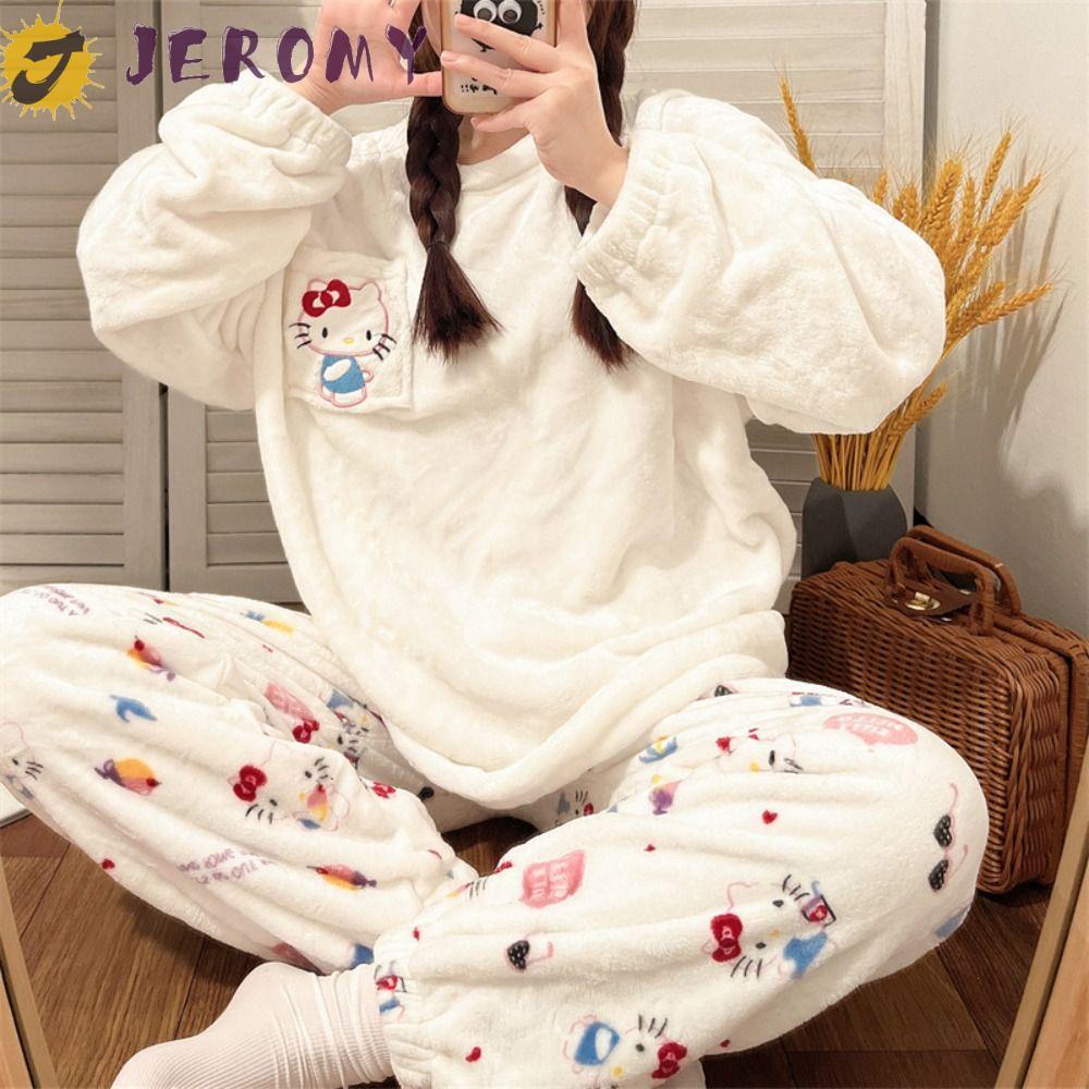 Bộ Đồ Ngủ Nữ JEROMY, Cinnamoroll Kuromi Coral Fleece Sleepwear, Kawaii Melody Kitty Cat Pants Ấm Áp 