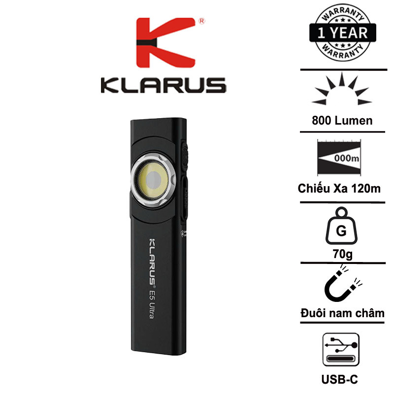 KLARUS E5 Ultra – Đèn pin EDC siêu mỏng 800 lm, xa 120m 3 nguồn sáng, sạc USB-C