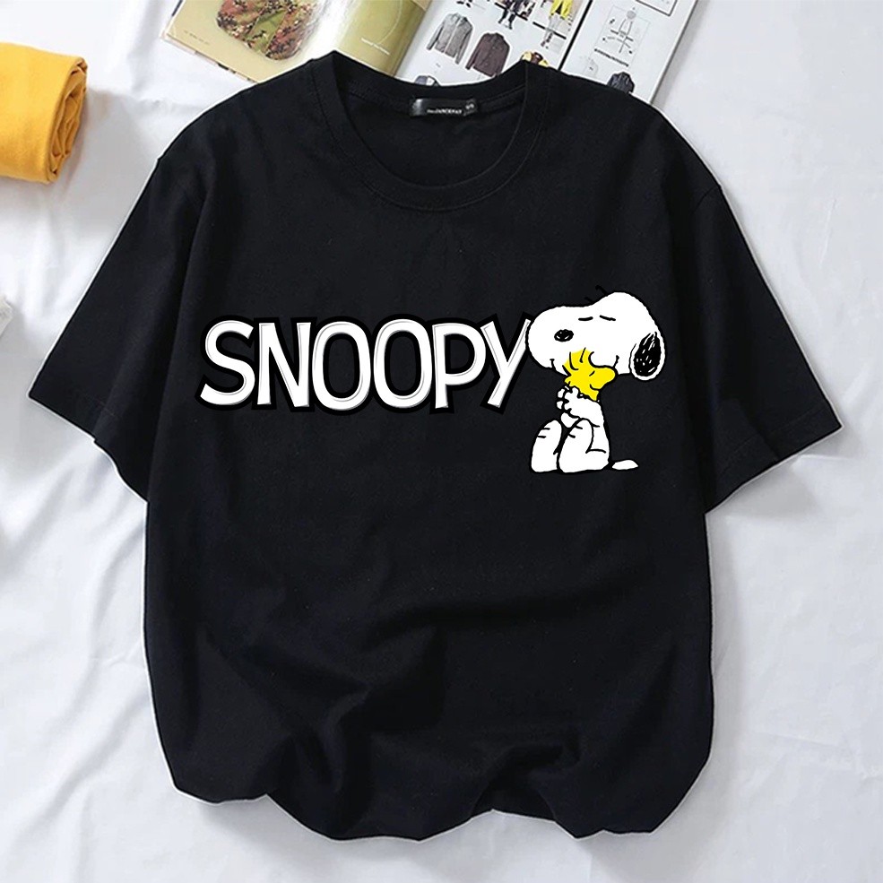 SNOOPY thời trang Joker ngắn tay cotton cổ tròn chữ Snoopy áo thun dáng rộng
