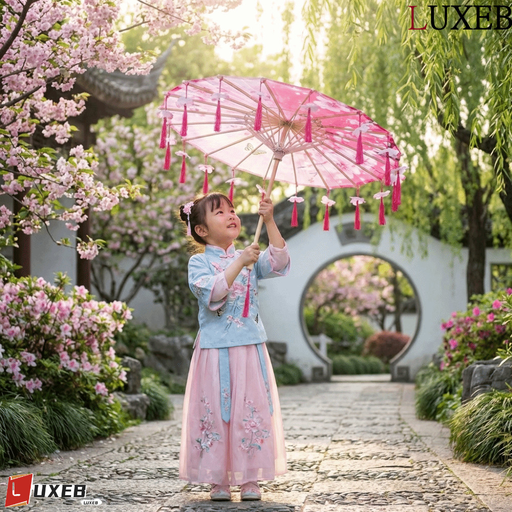 Ô Tua Rua Vải LUXEB, Ô Cổ Trung Quốc 56cm Phong Cách Trung Quốc, Cổ Cầm Tay Chống Gió Trang Trí Cổ V