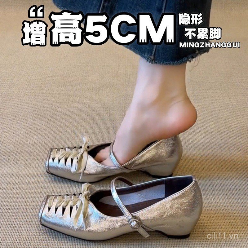 Hàng sẵn có ~ Phong cách Pháp Dệt bên trong Niche Giày ba lê rỗng Giày nơ nữ phong cách mới RM4