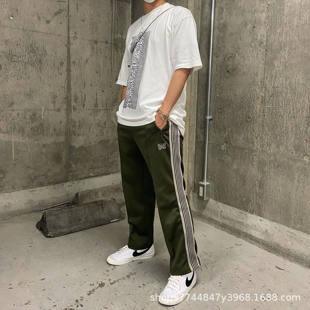EXSA Needles TRACK Men's military green straight-leg loose casual pants with side stripe webbing