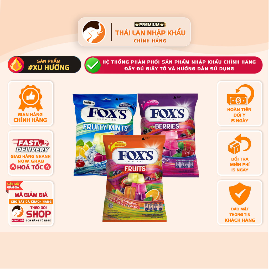 [GÓI 90gr] Kẹo Fox's Crystal Clear 3 Vị Fruity Mints, Berries Candy