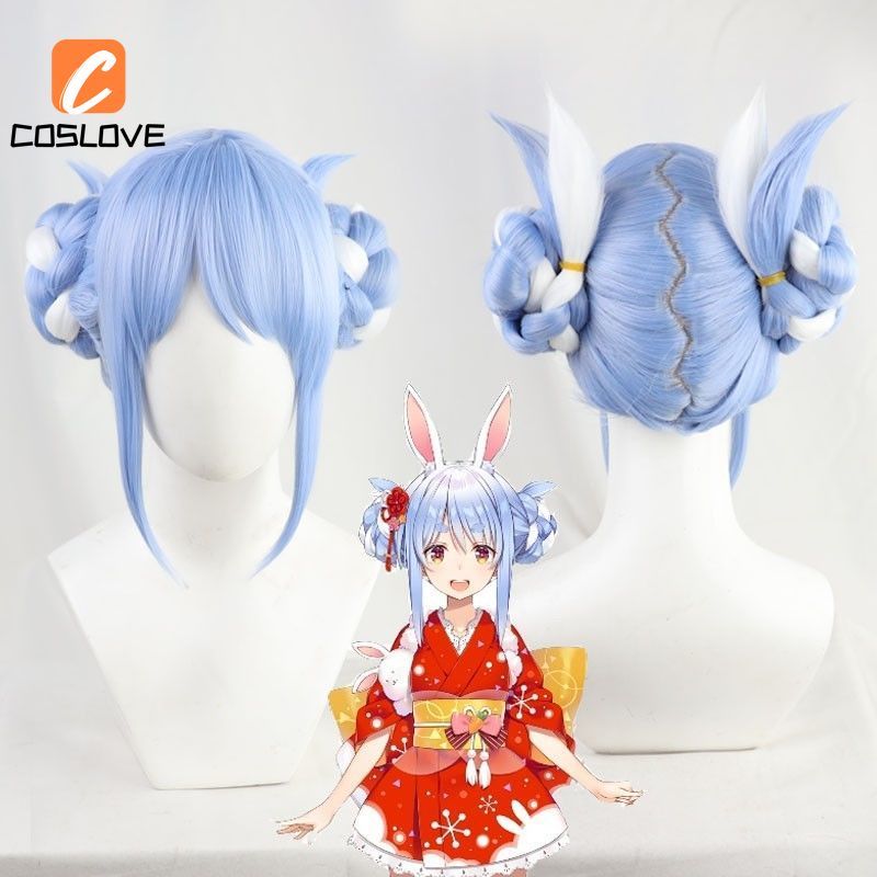 Hololive VTuber Usada Pekora - Tóc giả cosplay màu xanh xoăn dễ thương, phụ kiện trang trí cho người